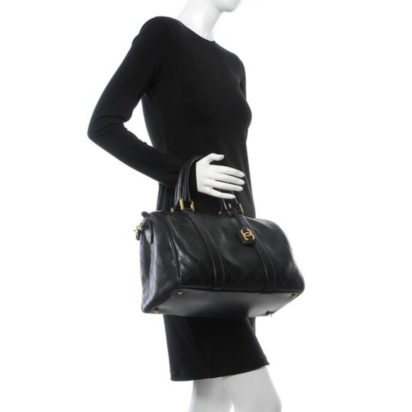 CHANEL Bicolor Coco Mark Handbag Boston Bag Leather Black - Picture 10 of 10